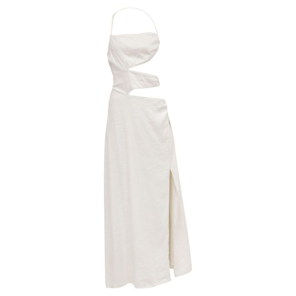 Cult Gaia Cut-Out Side-Slit Halter Strap Maxi Dress in White Linen